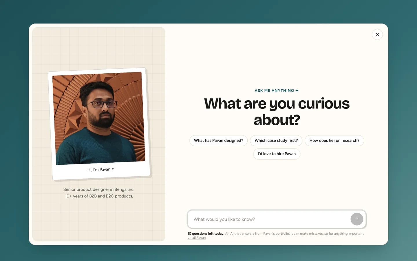 The Ask me anything chat on this site with starter questions about Pavan’s work