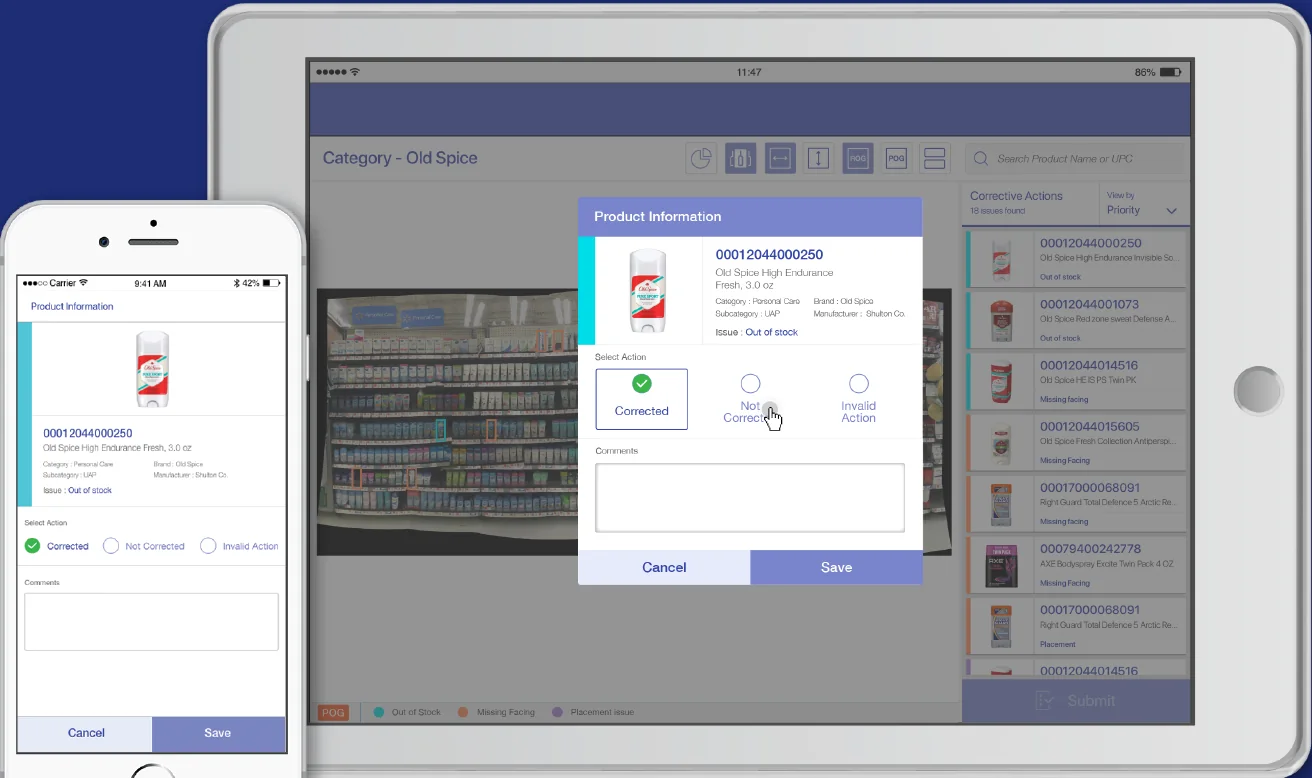 Product information dialog to mark an action corrected, not corrected or invalid
