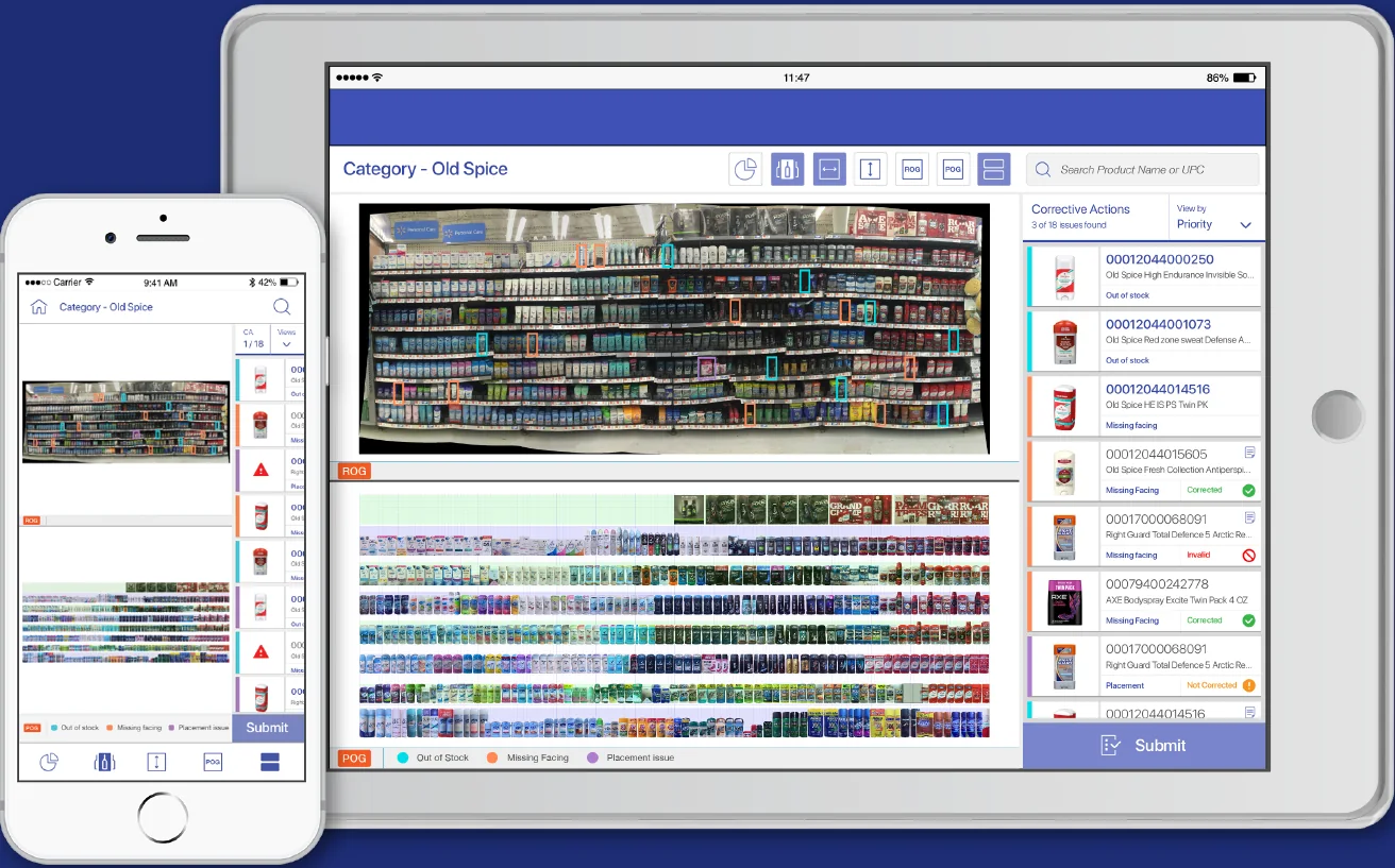 Corrective Action Library on tablet and phone: a real shelf photo compared with the planogram