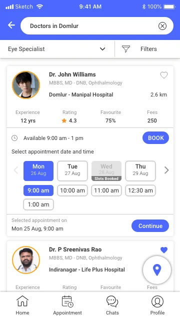 Doctors in Domlur: a doctor card with qualifications, hospital, distance, experience, rating, fee, and date and time slots