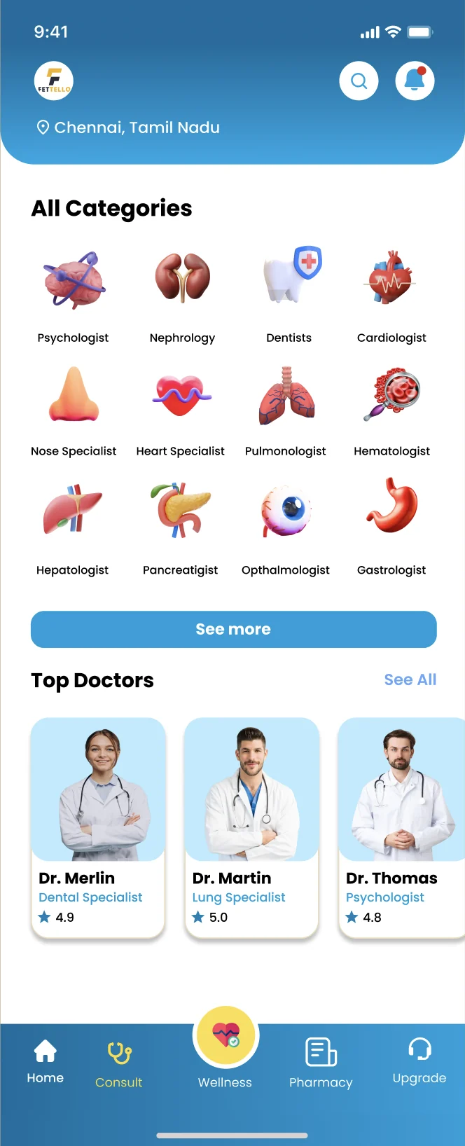 All categories with 3D organ icons, and a Top doctors row