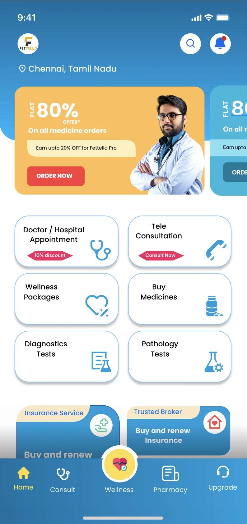Fettello home: location, an offer banner, six service cards, insurance and the bottom navigation