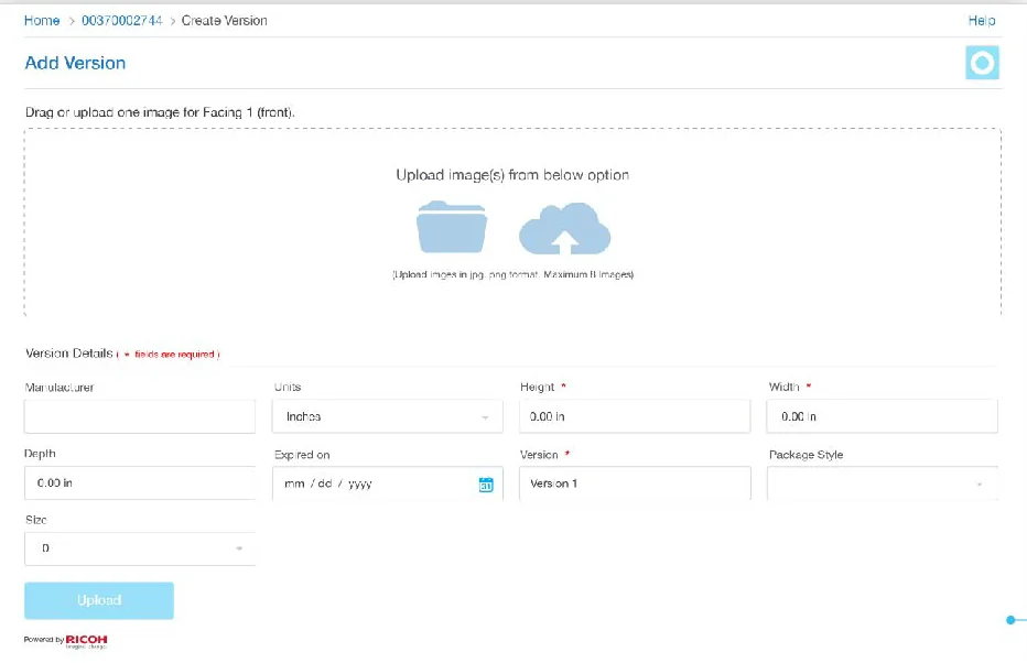 Add version form with dimensions and expiry date