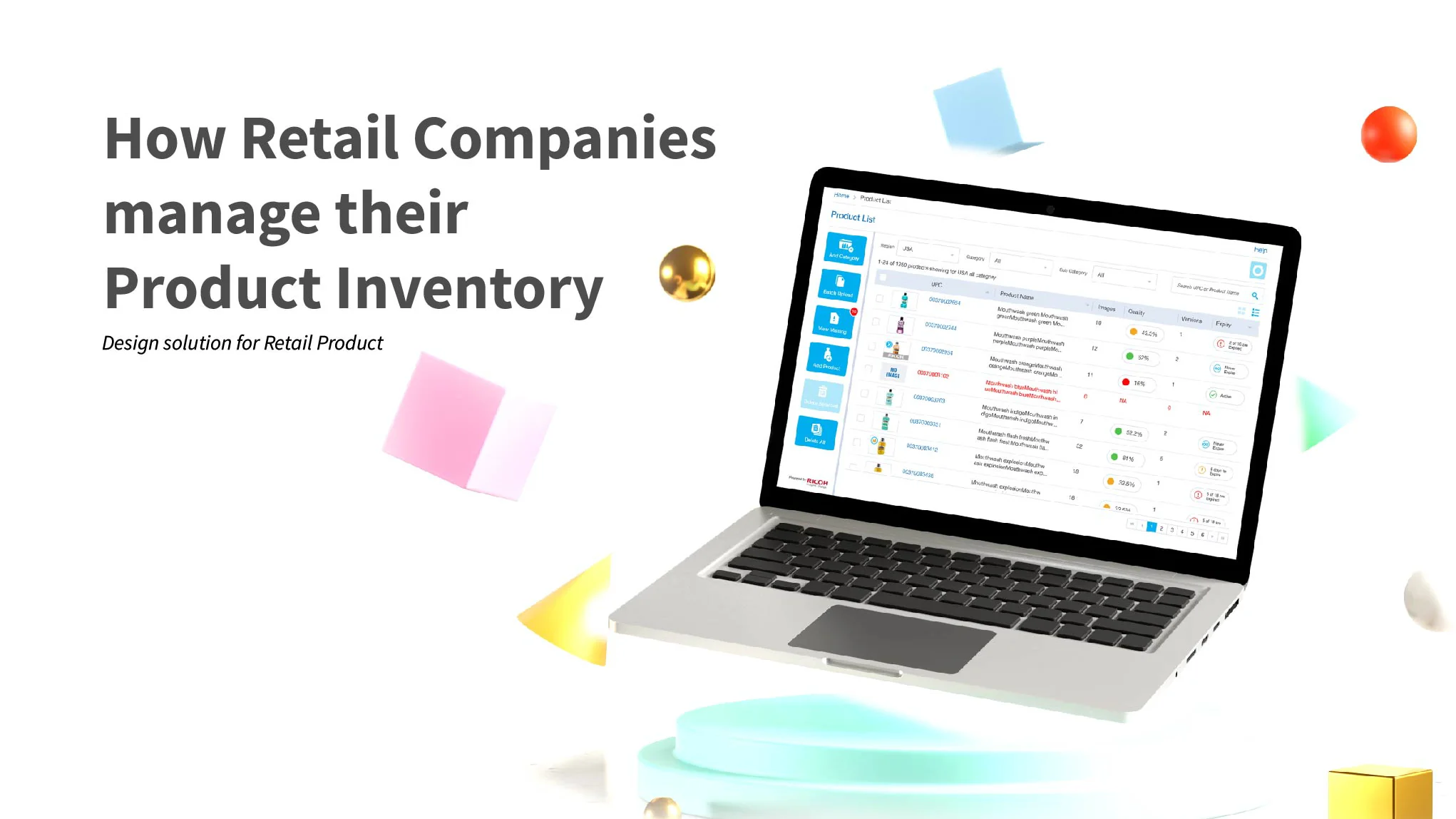 Laptop showing the Manage Product list, next to the title How Retail Companies manage their Product Inventory
