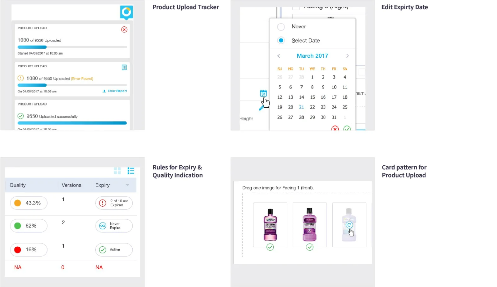 Design patterns: upload tracker, expiry date picker, expiry and quality rules, and upload cards