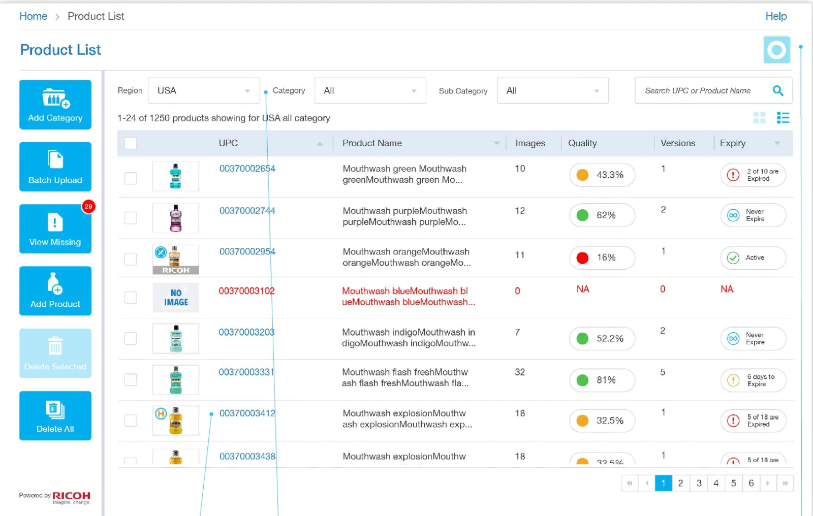 Manage Product list with image count, quality score, versions and expiry