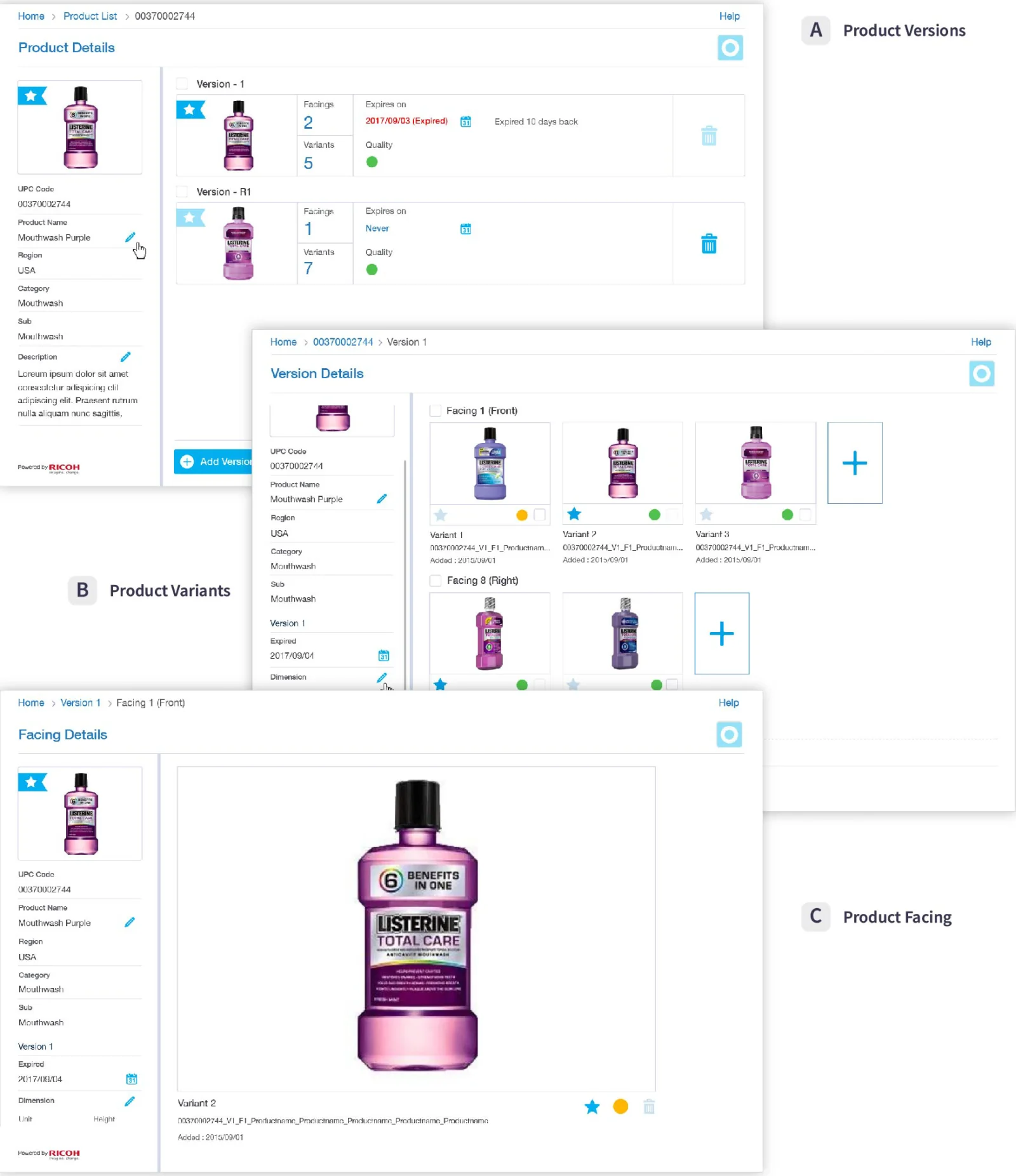 Three overlapping screens: product details, version details and facing details