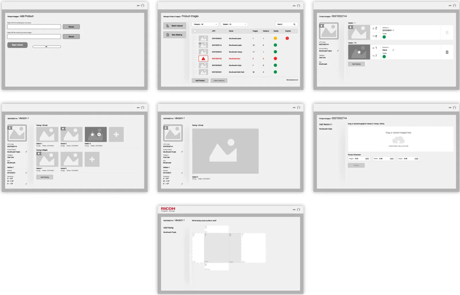 Seven wireframes from adding a product to adding a facing