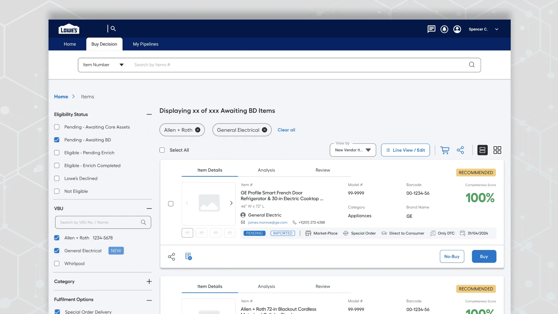 Lowe’s Merchant Platform item list with eligibility filters and buy or no-buy actions