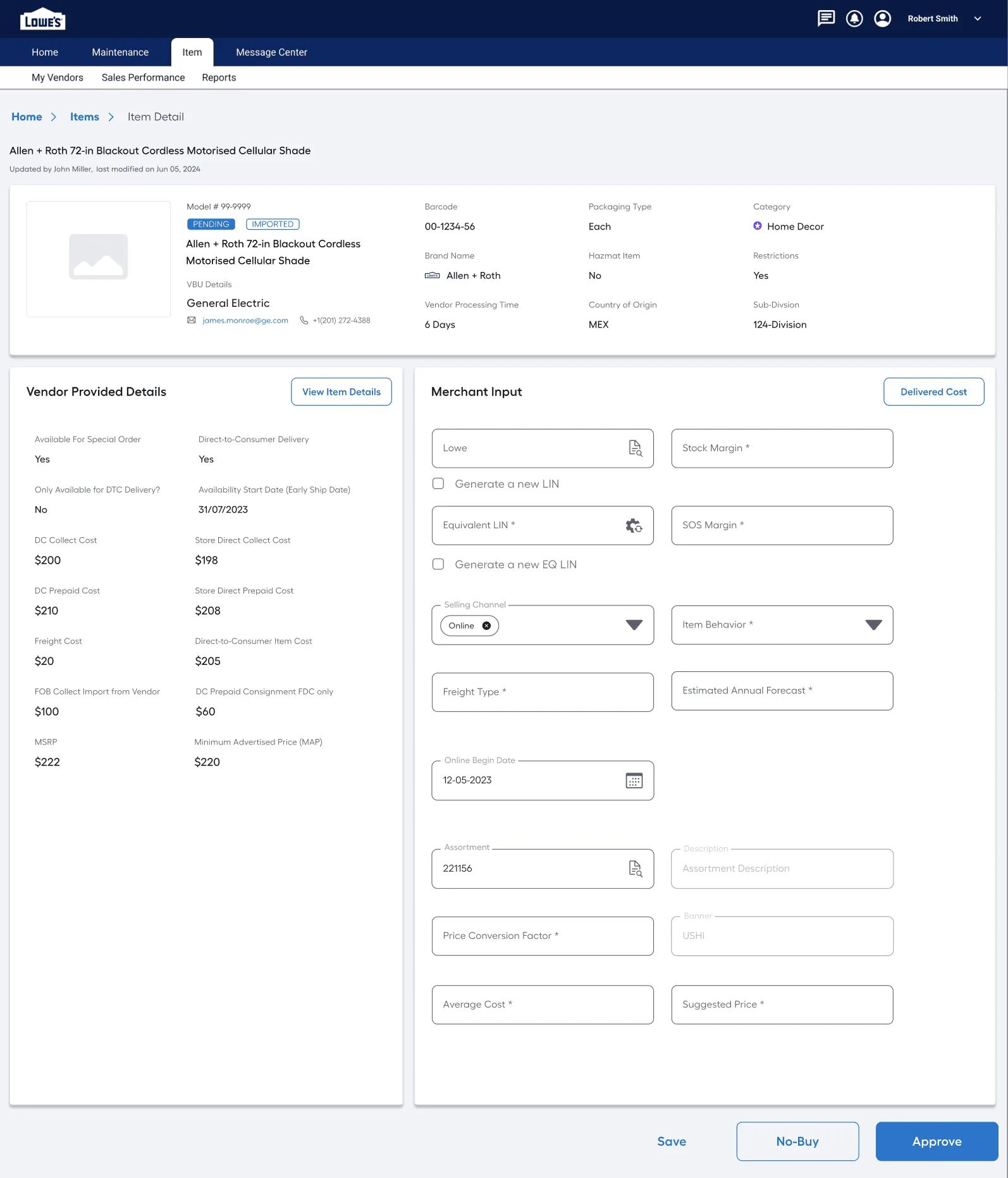 Item details page with vendor-provided details and merchant input form