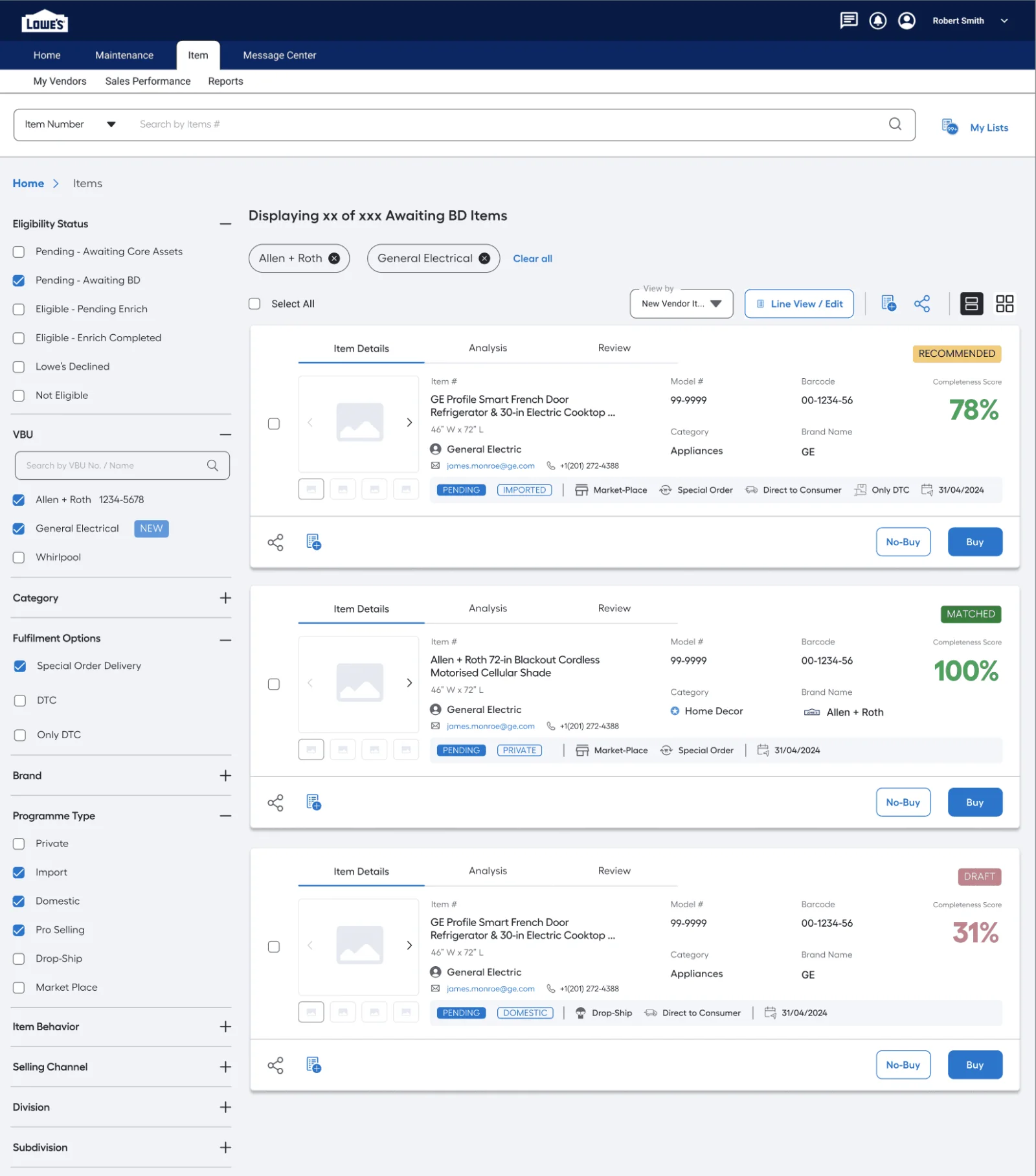 Item listing with eligibility filters, completeness scores and buy or no-buy buttons