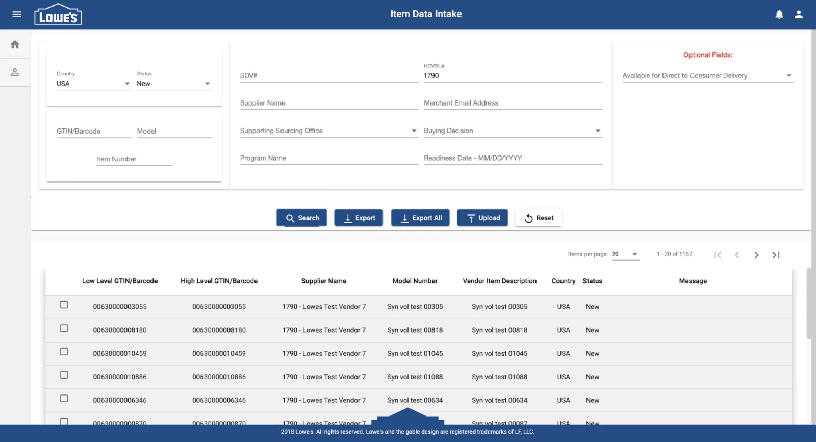 Legacy landing page with search and vendor item details