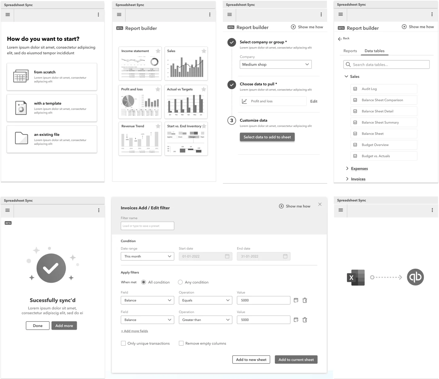 Wireframes of the report builder, filters and sync success screens