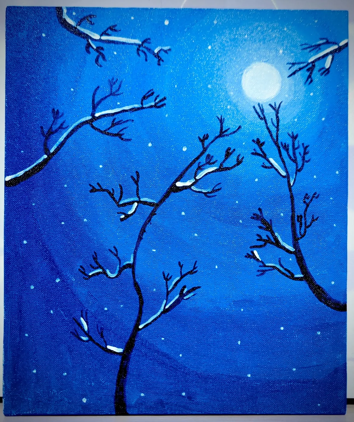 My painting: bare branches with snow under a full moon, all in shades of blue