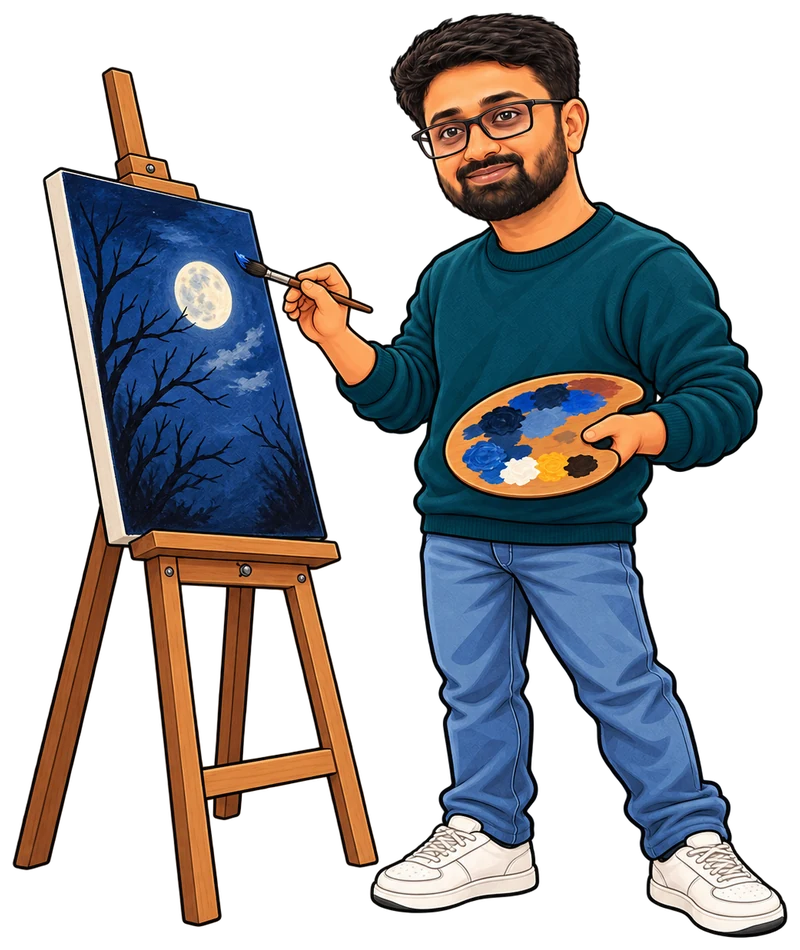 Cartoon of Pavan painting a night sky at an easel