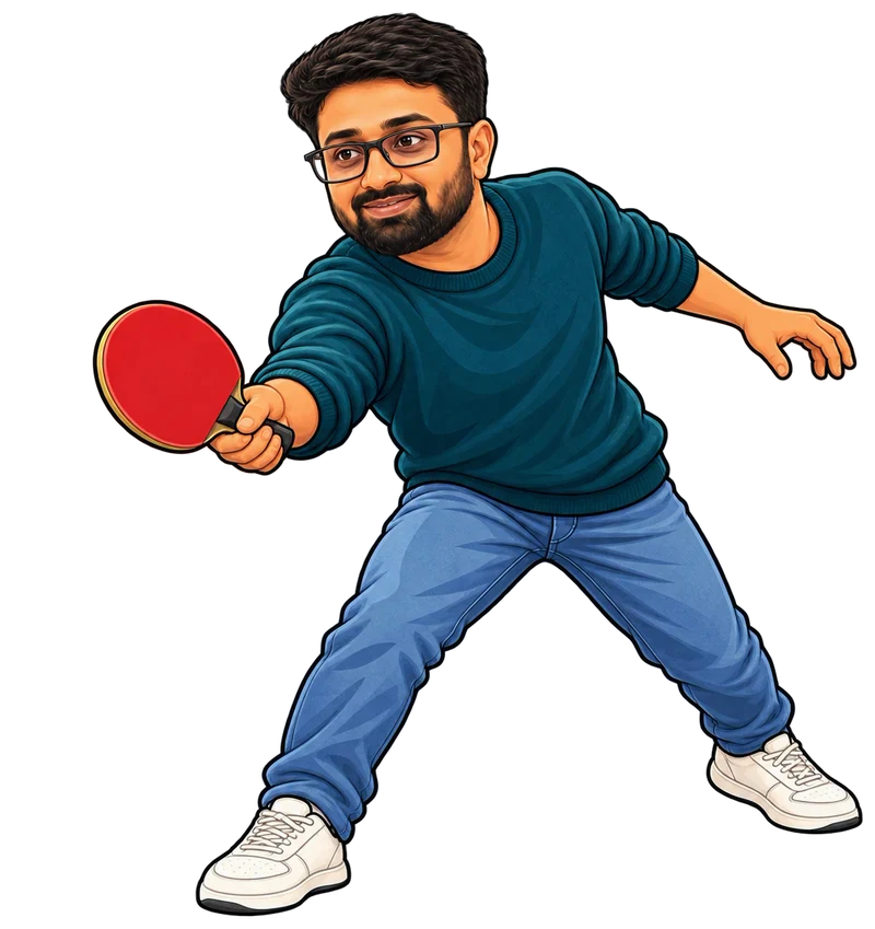 Cartoon of Pavan returning a table tennis ball with a forehand