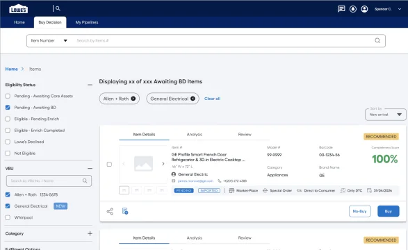 Merchant Platform: Lowe’s item list with filters, completeness scores and buy or no-buy actions