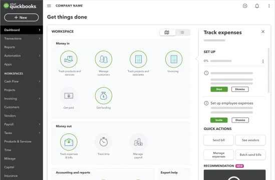 QuickBooks India: workspace with money in, money out and quick actions
