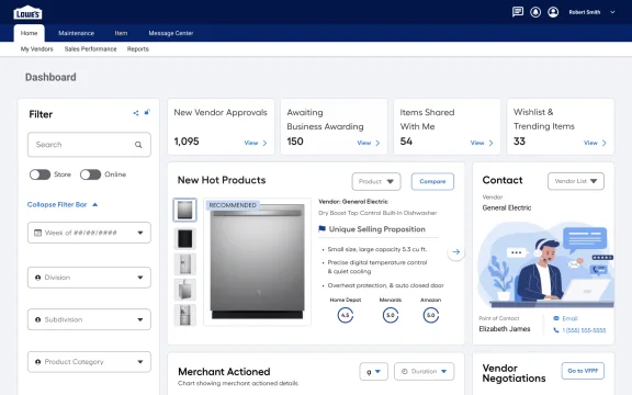 Merchant Platform: dashboard with vendor approvals, hot products and sales