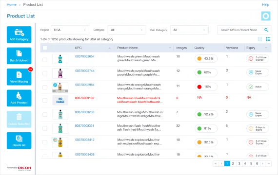 Manage Product: product list with image count, quality score and expiry