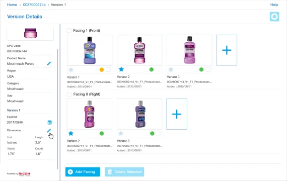Manage Product: product versions with facings and variants