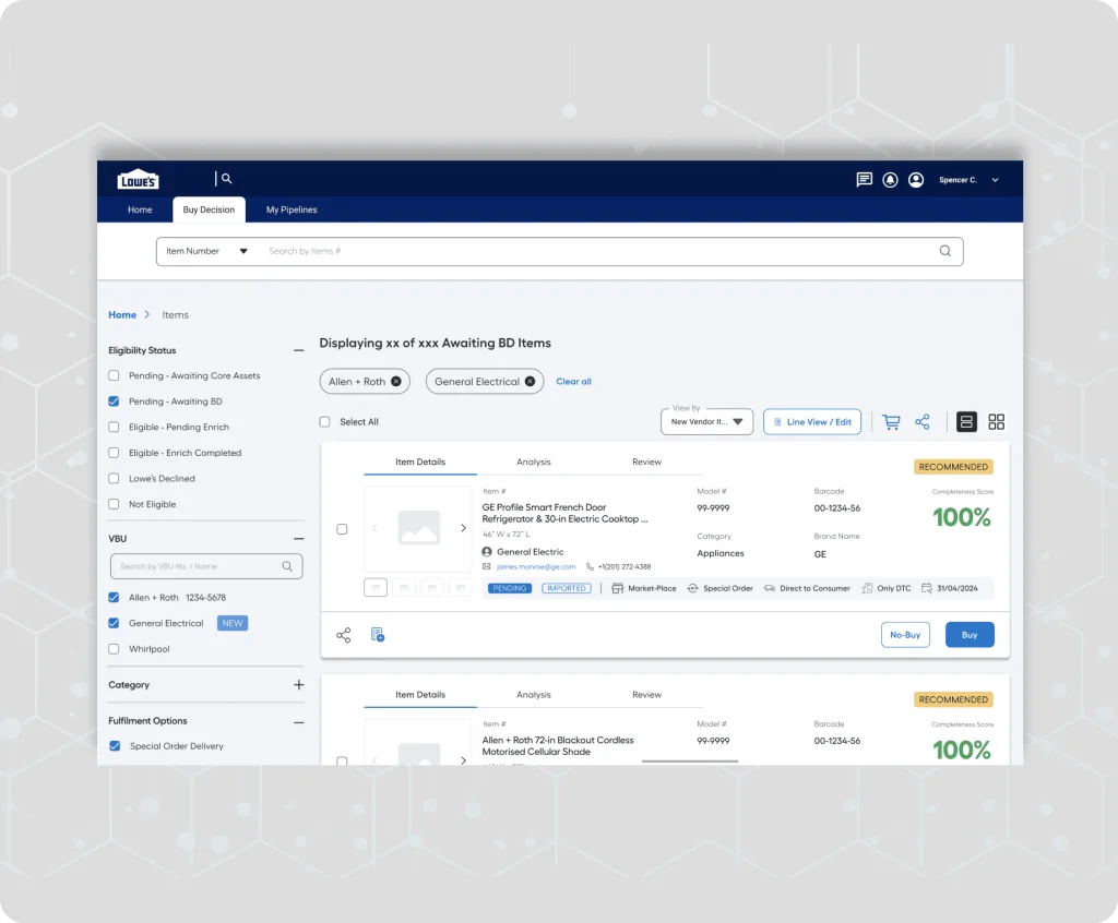 Lowe’s Merchant Platform item list with filters, completeness scores and buy or no-buy actions